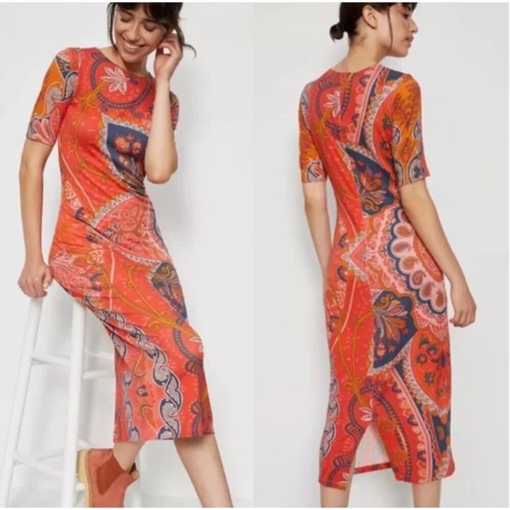 Farm Rio Red Orange Giannina Knit Paisley Midi Dress - Size XS